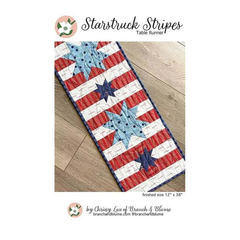 Starstruck Stripes table runner quilt pattern with blue stars and red stripes by Chrissy Lux