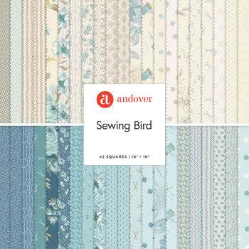 Sewing Bird 42-piece 10-inch squares fabric collection in soft blues and neutrals with floral, bird, and sewing motifs by Edyta Sitar