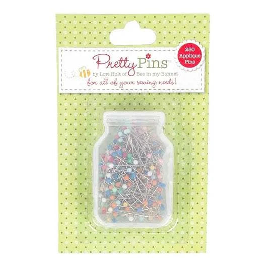Lori Holt Applique Pretty Pins 250 count colorful sewing pins in plastic jar on green polka dot card