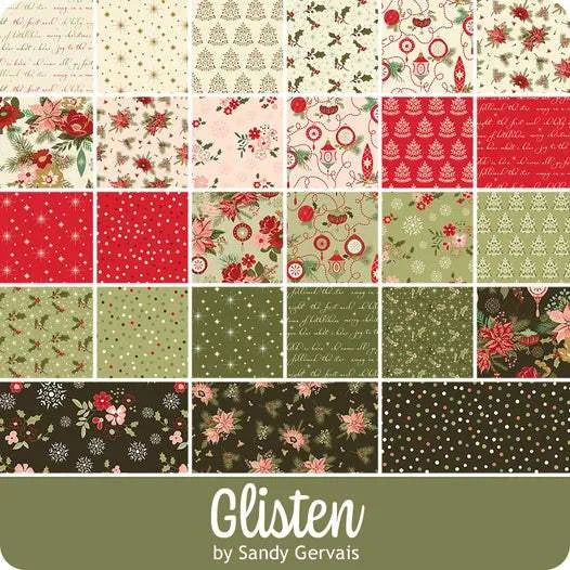 Glisten 10 inch fabric stacker bundle by Sandy Gervais with 42 holiday-themed prints in red, green, cream, and pink colors