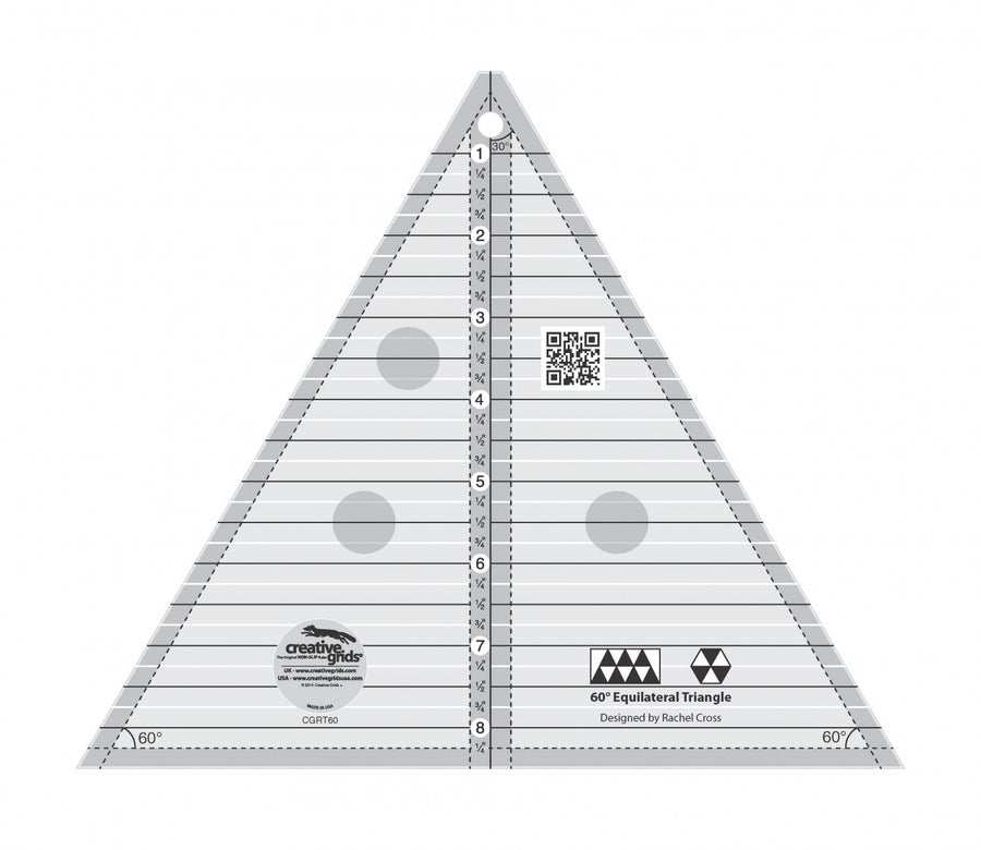 Creative Grids 60 Degree Triangle 8-1/2 inch quilting ruler with black and white markings and gripper for fabric stability