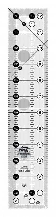Creative Grids Ruler 2-1/2 x 12-1/2 with black and white markings for precise quilting and sewing measurements