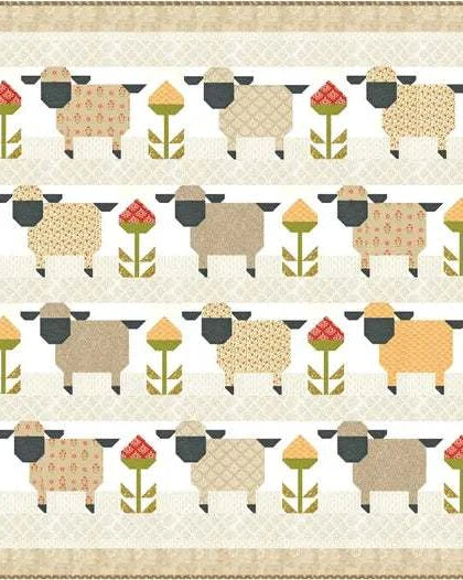 Sheep & Clover Quilt Kit by Joanna Figueroa featuring Larkspur & Linen fabrics, 65" x 65.5" quilt top layout