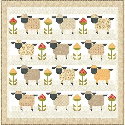 Sheep & Clover Quilt Kit by Joanna Figueroa featuring Larkspur & Linen fabrics, 65" x 65.5" quilt top layout