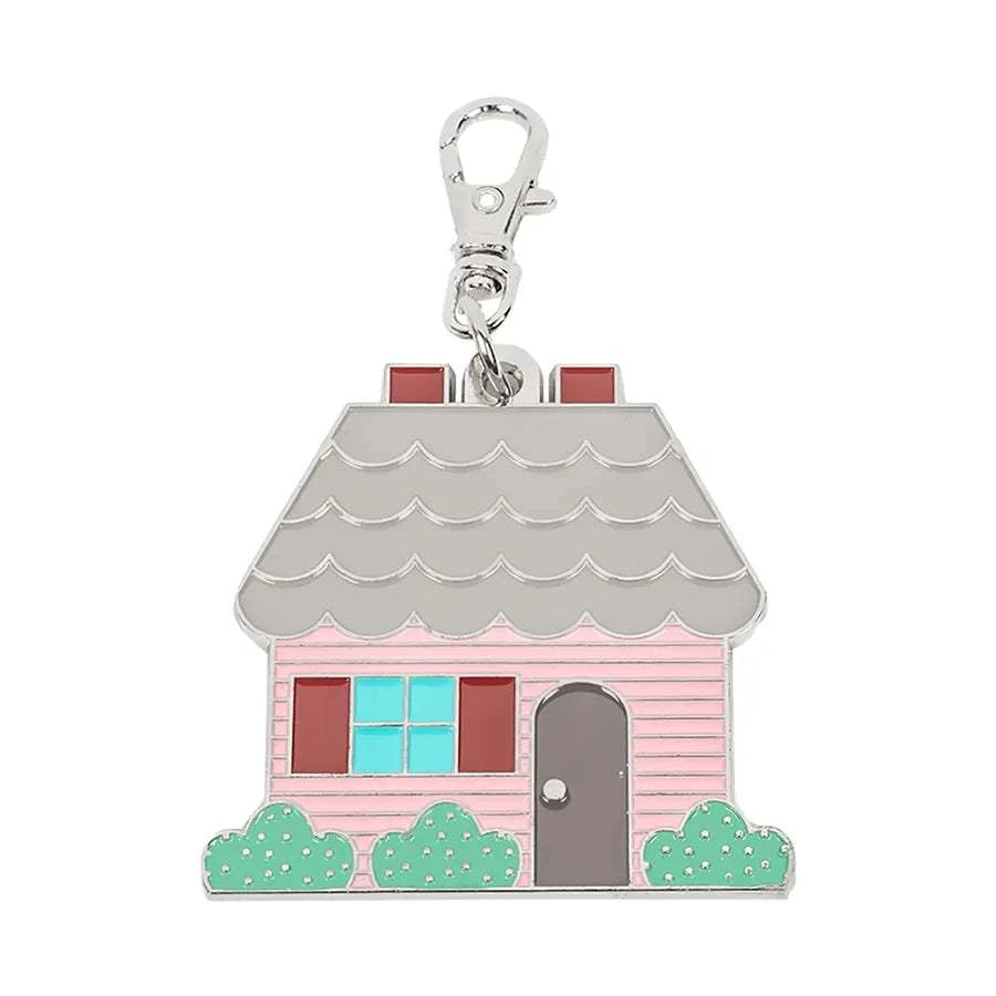 Bee Vintage Enamel Happy House Charm with pink siding and gray roof for keychains and purses