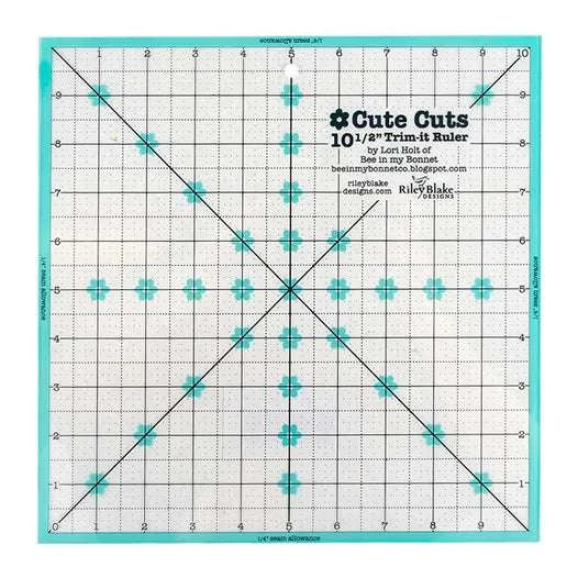 Lori Holt Cute Cuts 10.5 inch square quilting ruler with aqua grid and diagonal lines for precise trimming