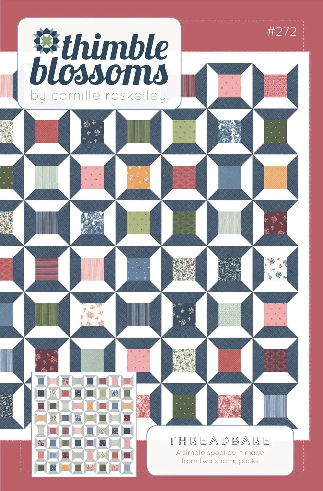 Threadbare Quilt Pattern by Camille Roskelley spool quilt made from charm squares with navy and white fabrics