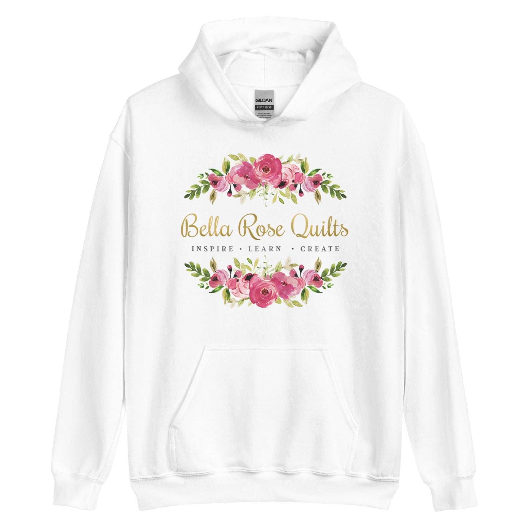 Bella Rose Quilts white hoodie with pink floral design and gold text logo