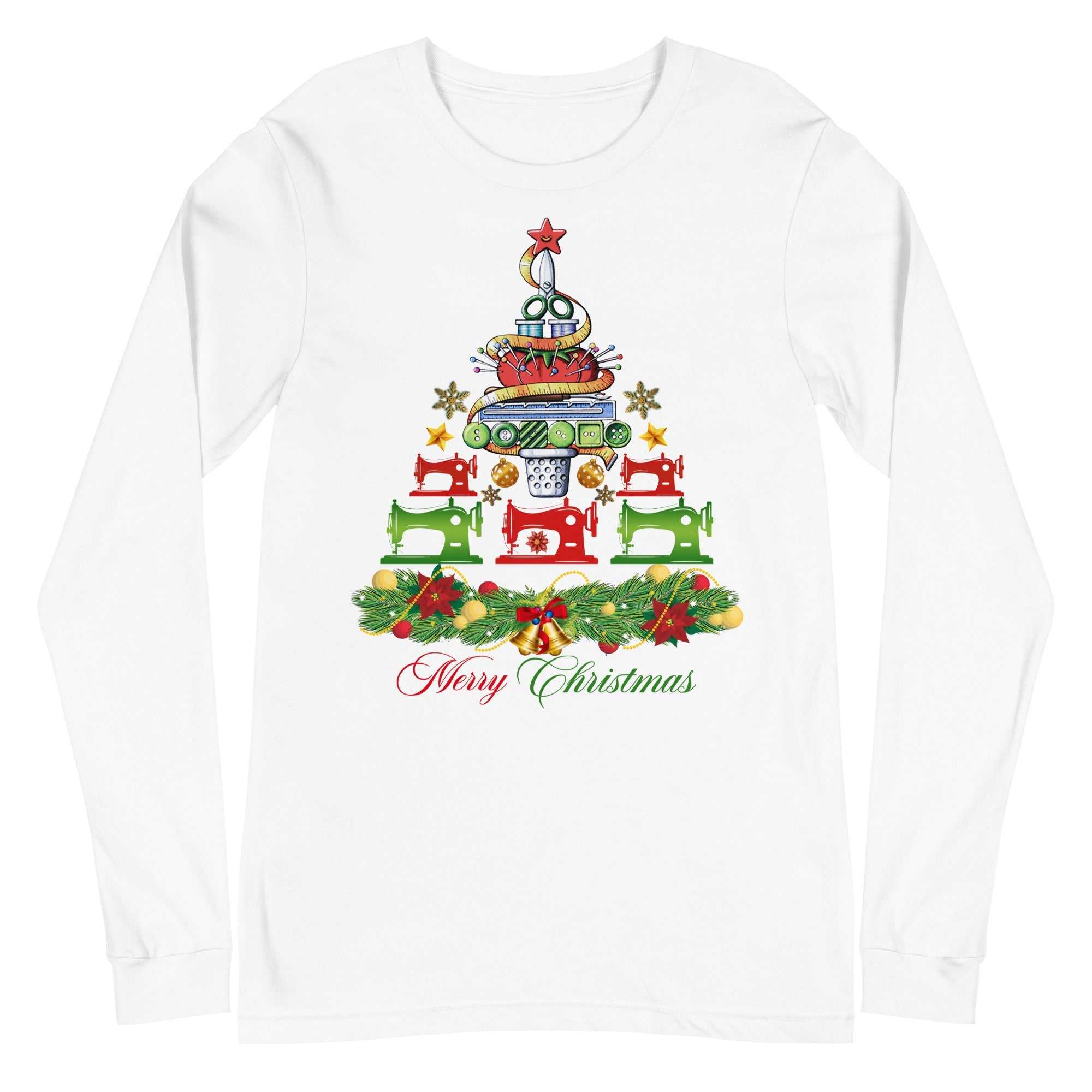 Merry Christmas long sleeve t-shirt with festive sewing machine tree design on white cotton fabric
