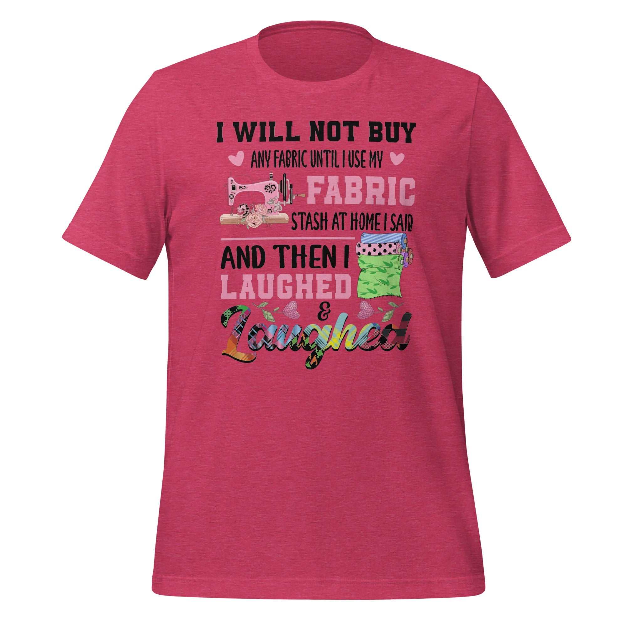 Red "I Will Not Buy" graphic cotton t-shirt with sewing machine and fabric stash design