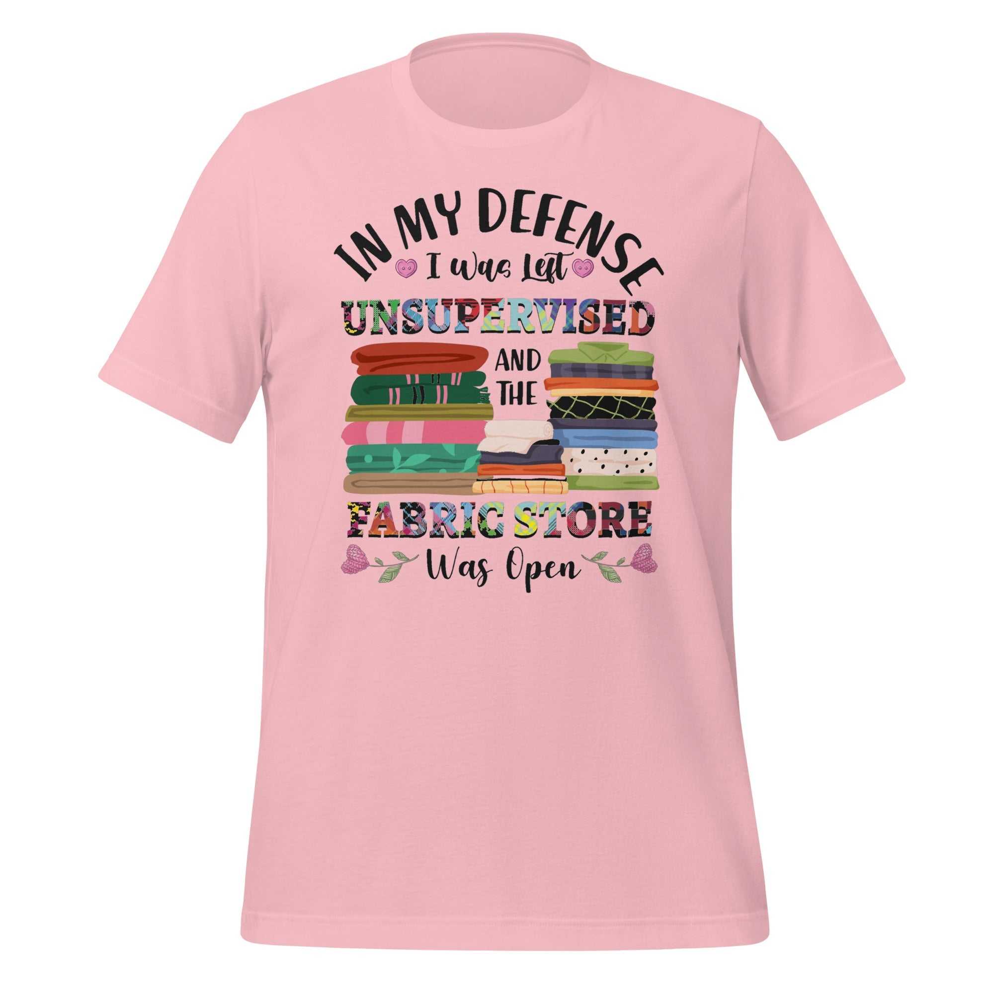Pink In My Defense T-Shirt with fabric stack graphic and playful text design