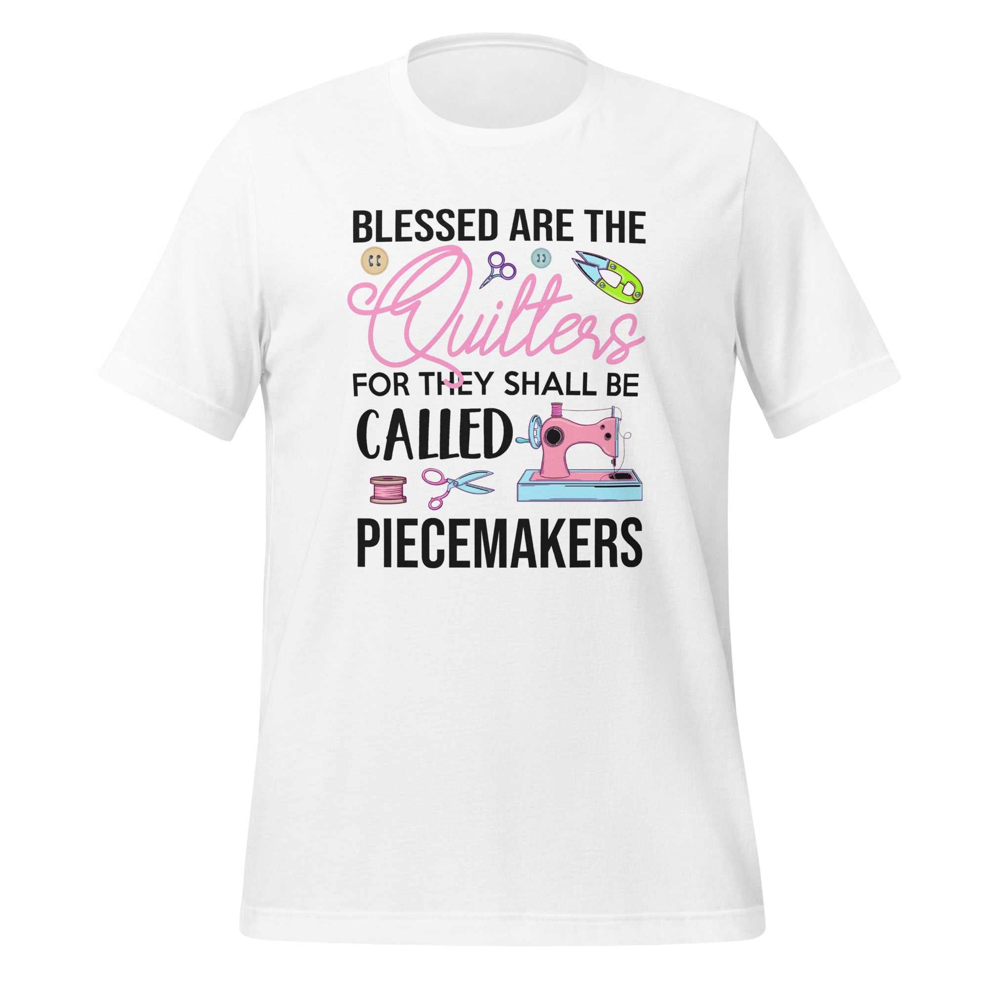 White Blessed Are The Quilters t-shirt with sewing machine and quilting tools design