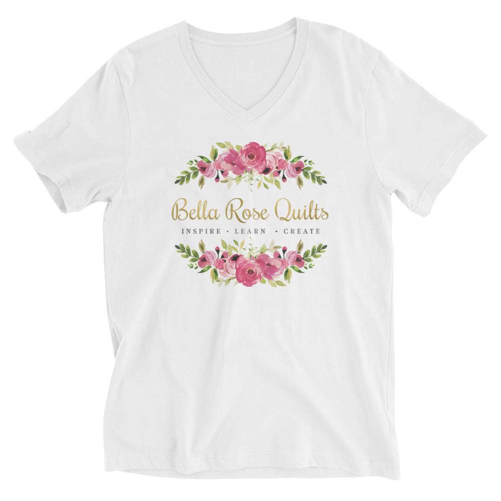 Bella Rose Quilts white v-neck tee with pink floral design and inspirational text