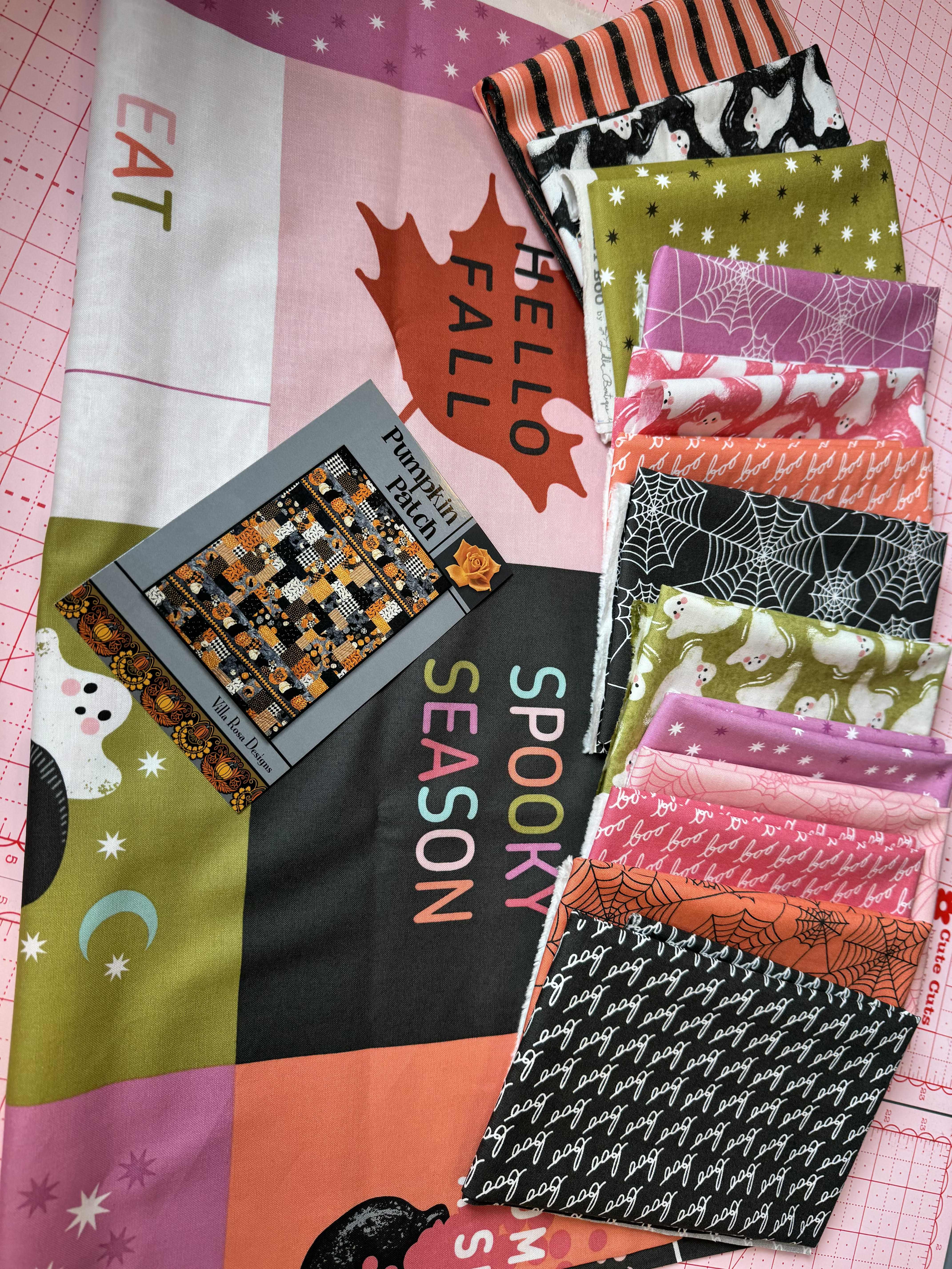 Pumpkin Patch Quilt Kit with Hey Boo fabric by Lella Boutique for Moda Fabrics showing quilt pattern and materials