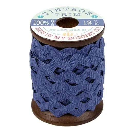 Lori Holt 3/8" Denim Vintage Trim on wooden spool with 12 yards length
