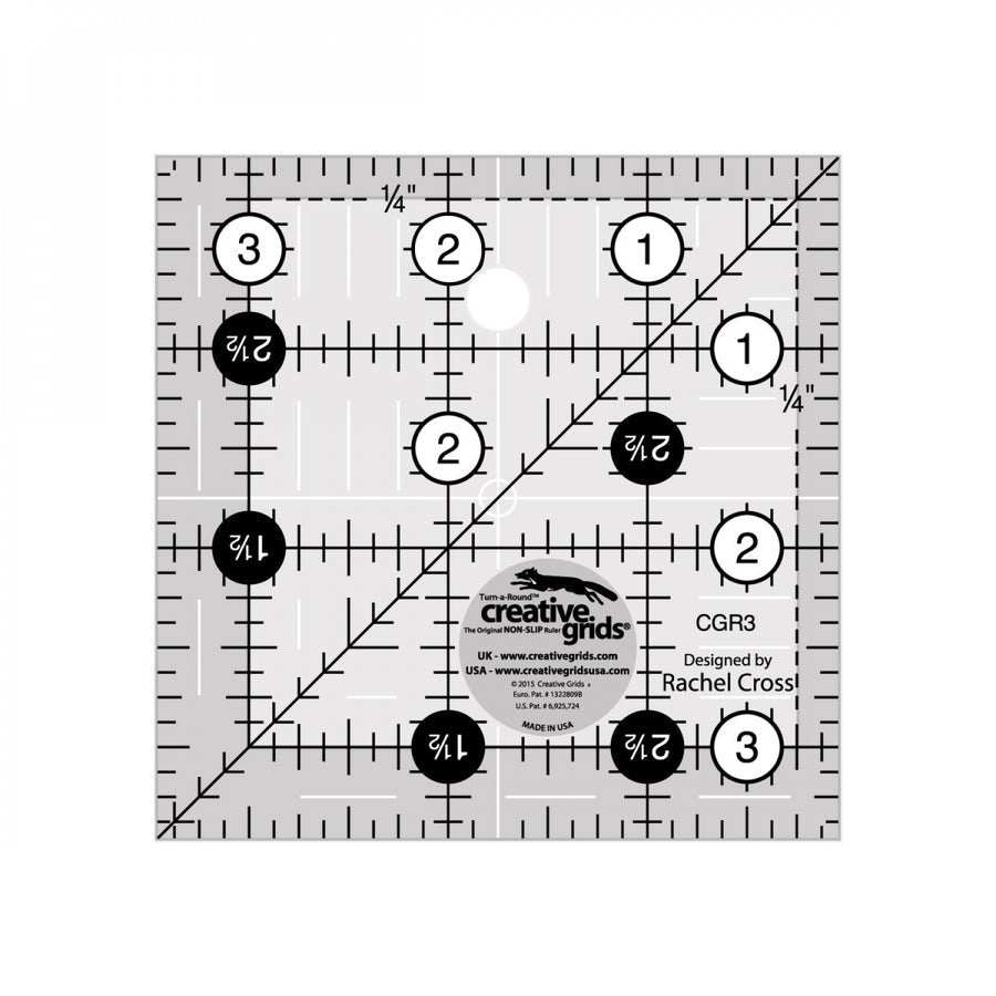 Creative Grids 3.5 inch quilting ruler with black and white grid markings, 1/8 and 1/4 inch increments, non-slip grip, 45-degree angle line, and Turn-A-Round feature for seam allowances