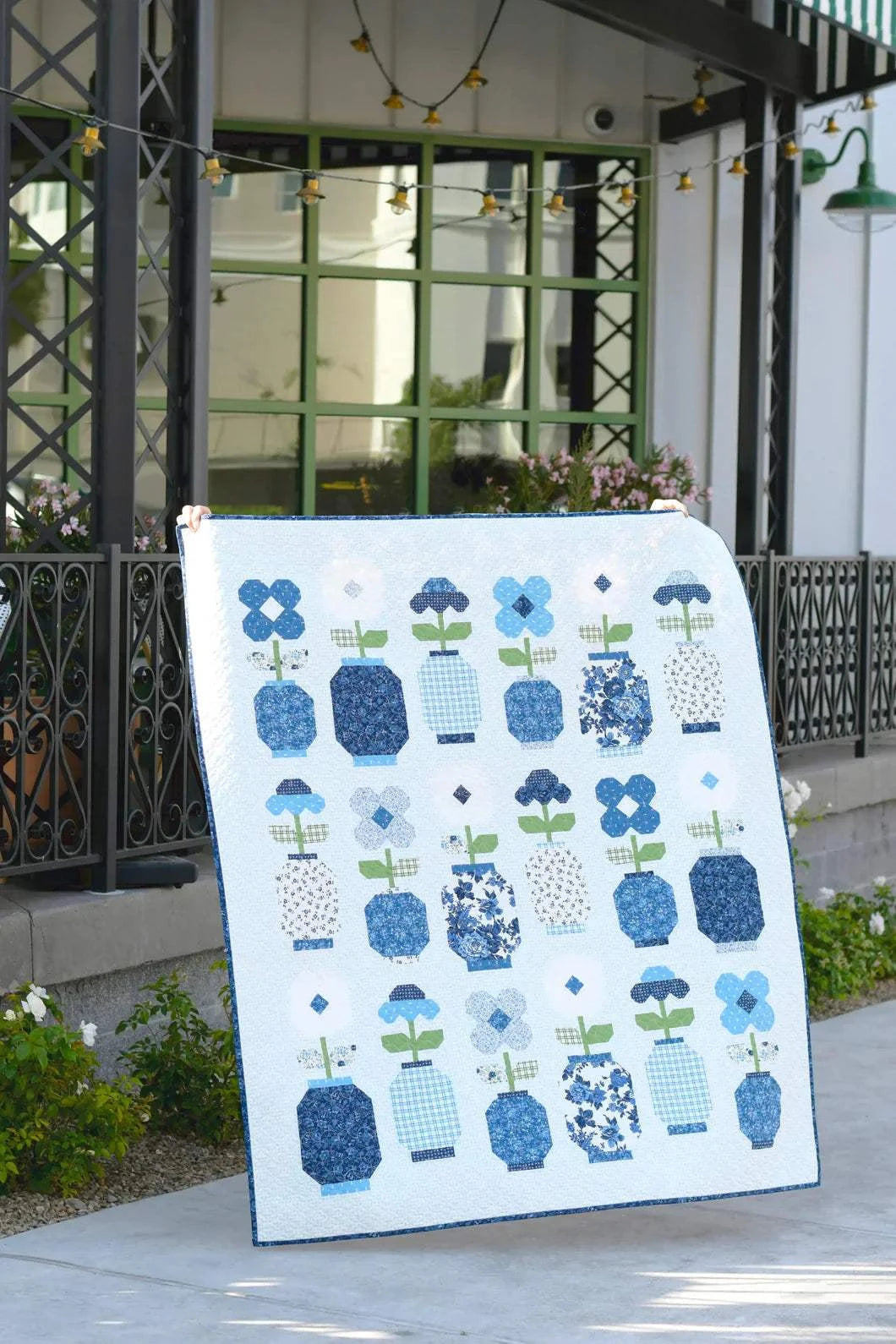 Ginger Jars Quilt Kit with blue floral fabric quilt pattern by Camille Roskelley, 60x68 inches