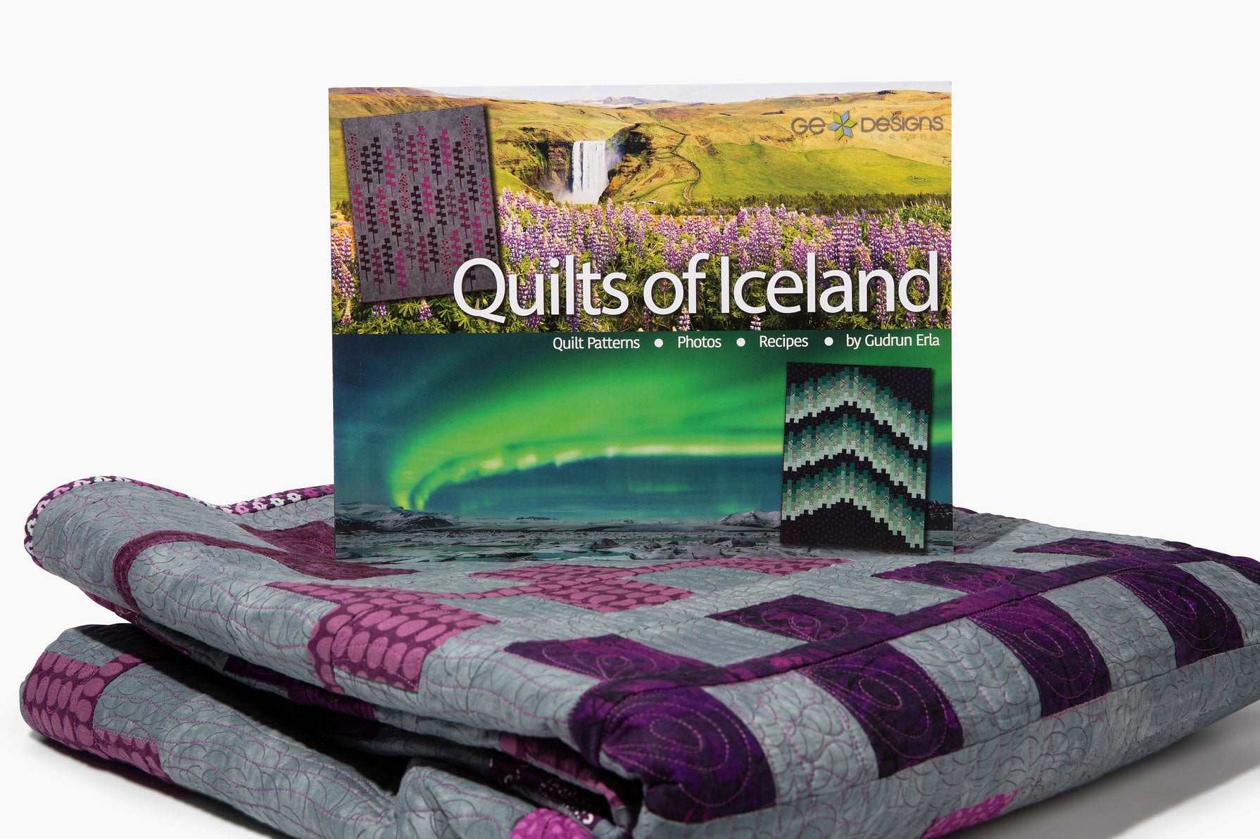 Cover of Quilts Of Iceland book featuring colorful Iceland-inspired quilts and nature imagery