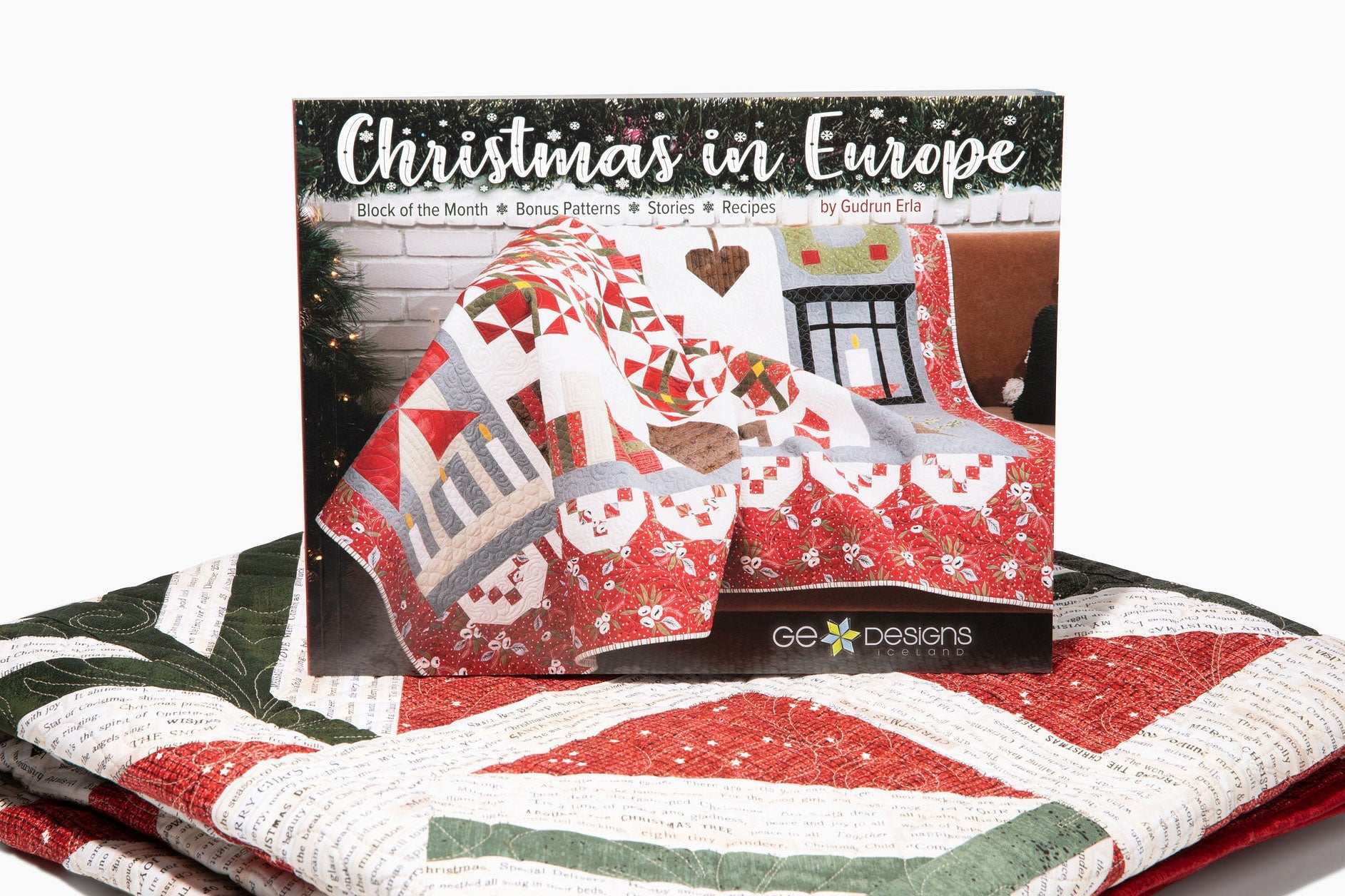 Christmas in Europe book showcasing festive quilt blocks inspired by European holiday traditions