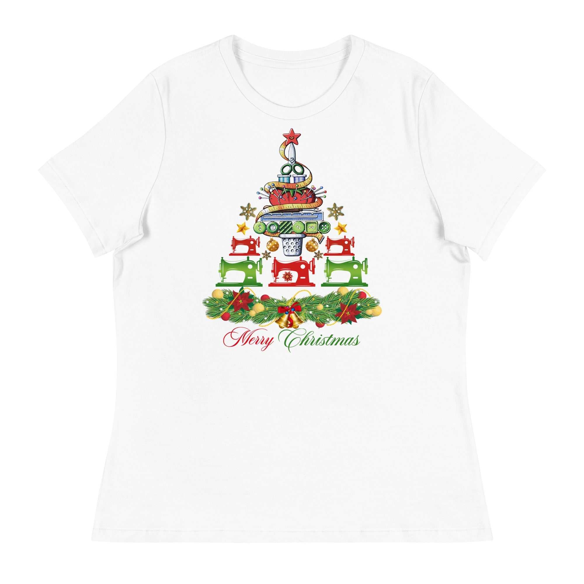 White women's Merry Christmas T-Shirt with festive sewing machine tree design and red and green text