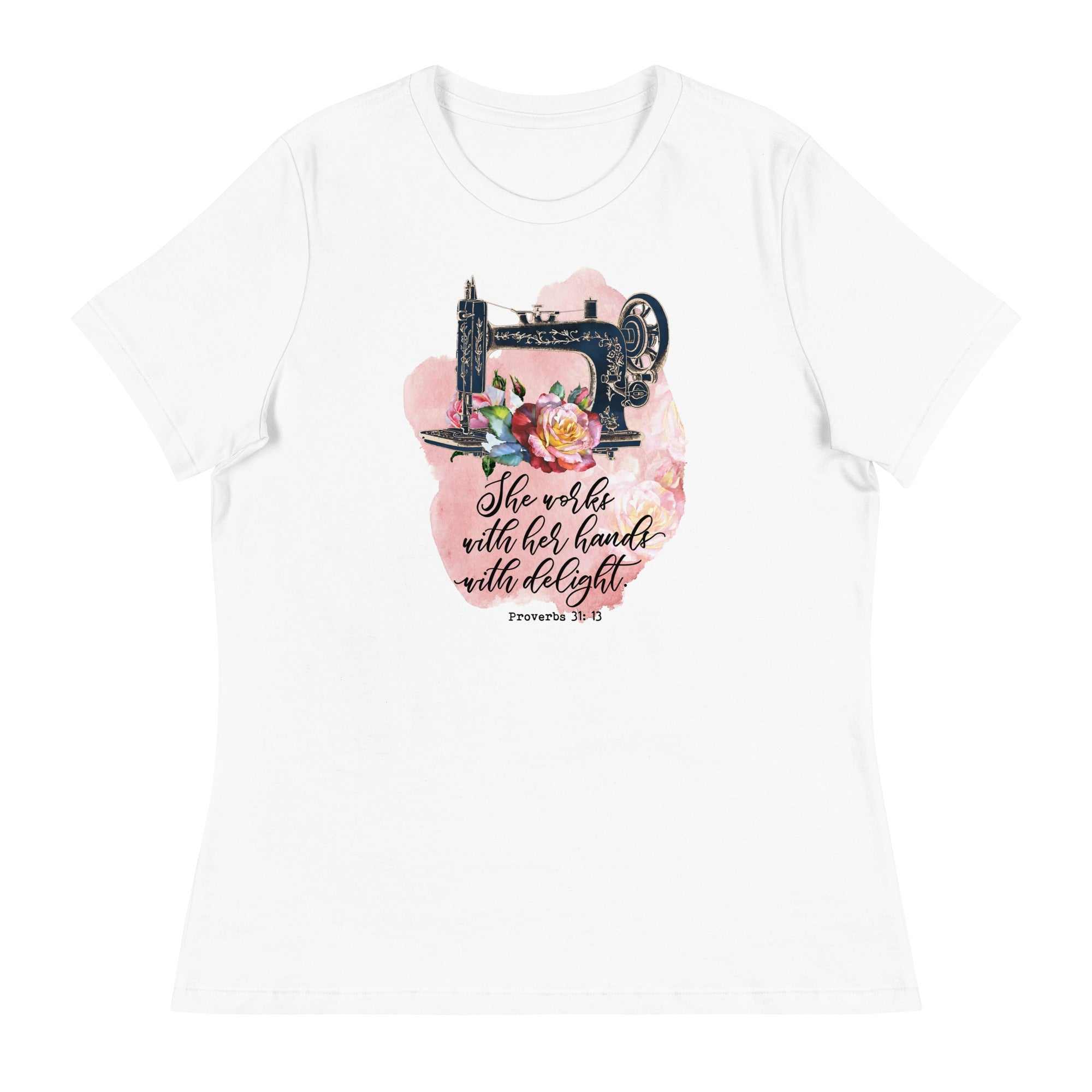 White Works With Her Hands T-Shirt with sewing machine and floral design on front