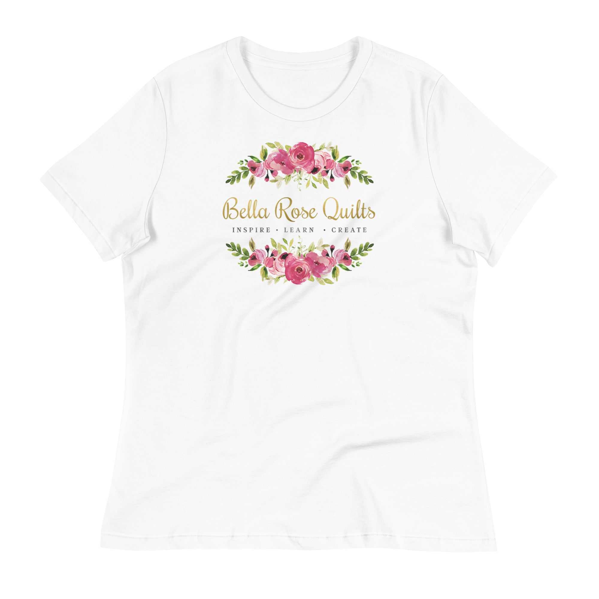 Bella Rose Quilts women's white crew neck t-shirt with floral logo and inspirational text, soft cotton blend fabric, relaxed fit