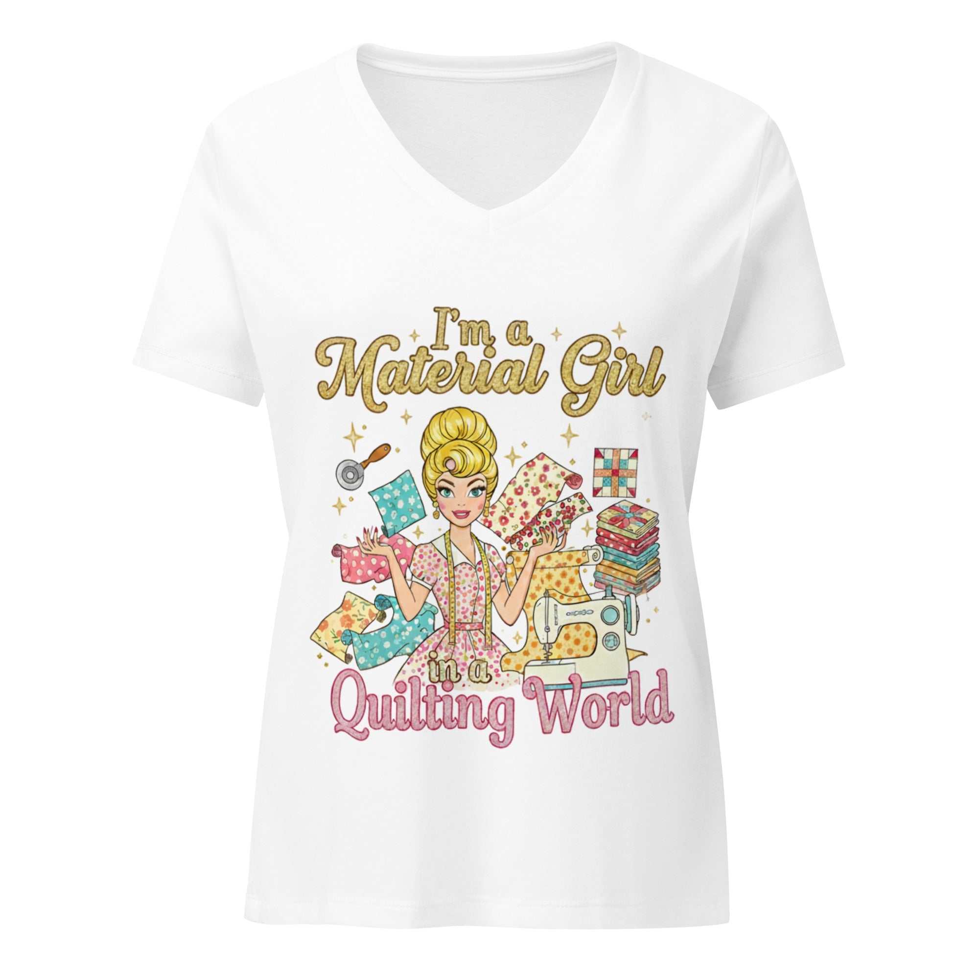 Material Girl Women’s v-neck t-shirt with quilting graphic and relaxed fit