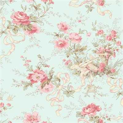 Charlotte Cottage Floral fabric with light turquoise background and pink vintage-inspired florals