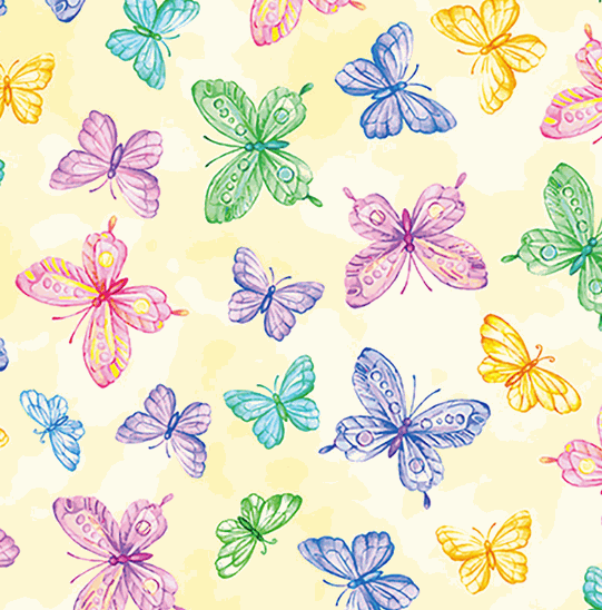 Cottontail Farms by Nicole Decamp yellow fabric with colorful springtime butterflies on pastel background