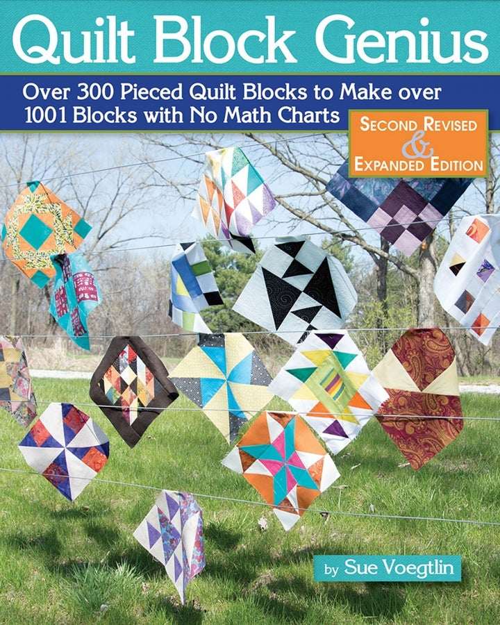 Cover of Quilt Block Genius book showing various colorful quilt blocks outdoors