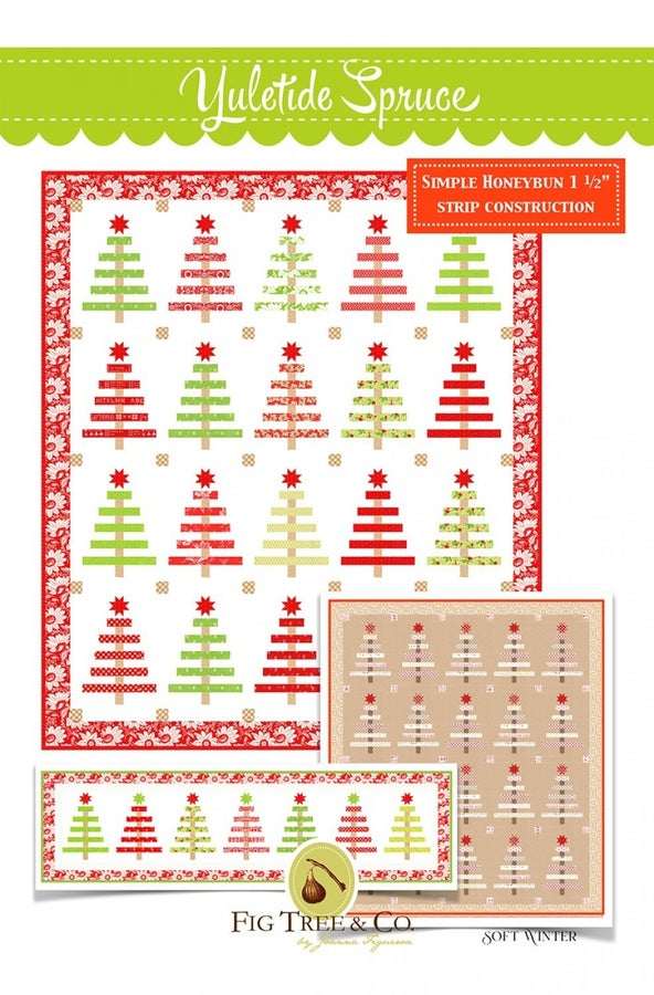 Yuletide Spruce quilt pattern by Fig Tree & Co. featuring traditional red and green Christmas tree blocks, 60.5 x 70 inches.