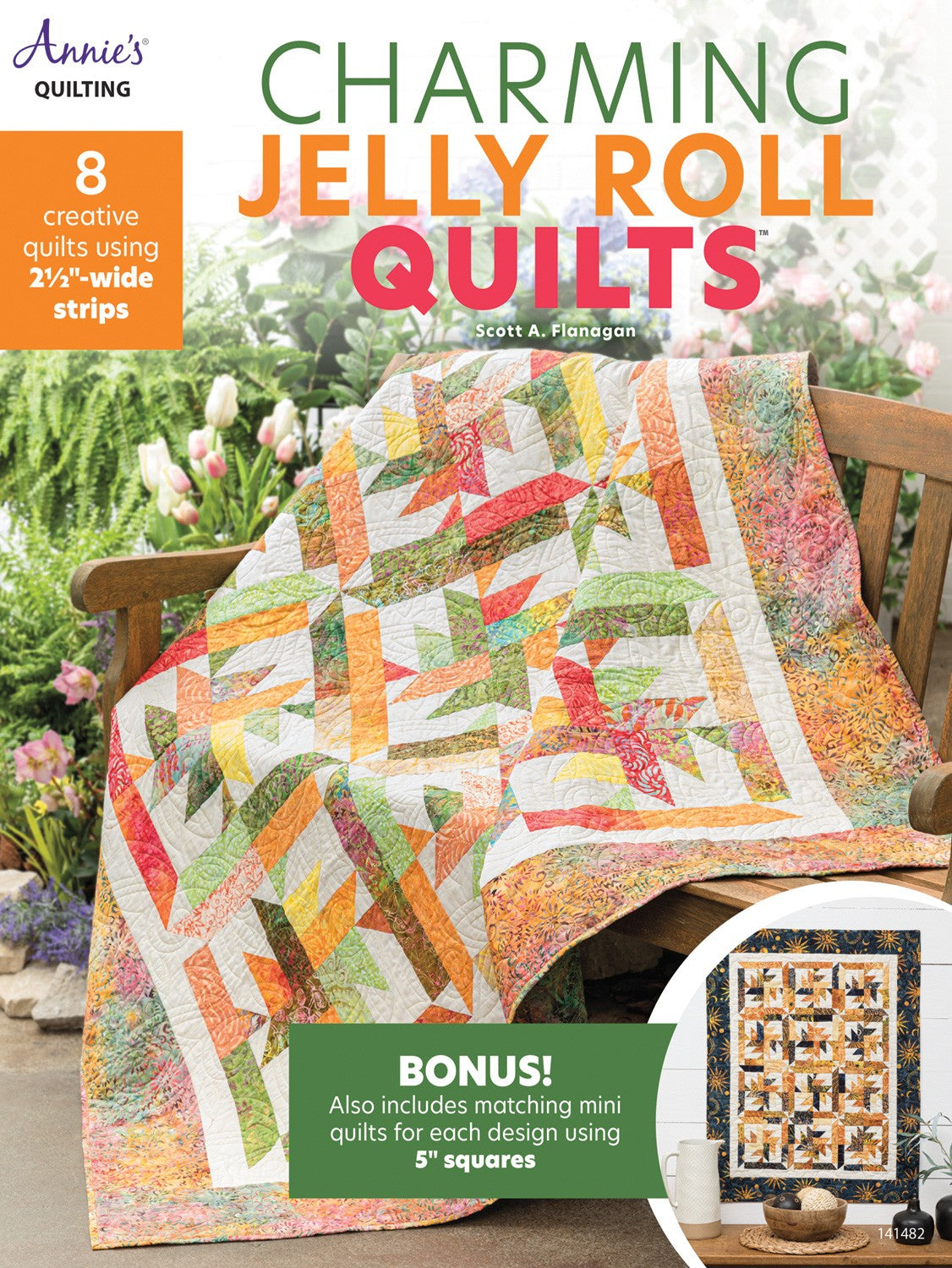 Charming Jelly Roll Quilts cover featuring colorful quilt draped on bench with floral background