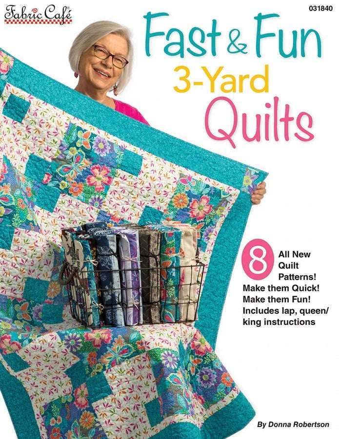 Fast & Fun 3-Yard Quilts book cover with colorful patchwork quilt and fabric bundles in basket