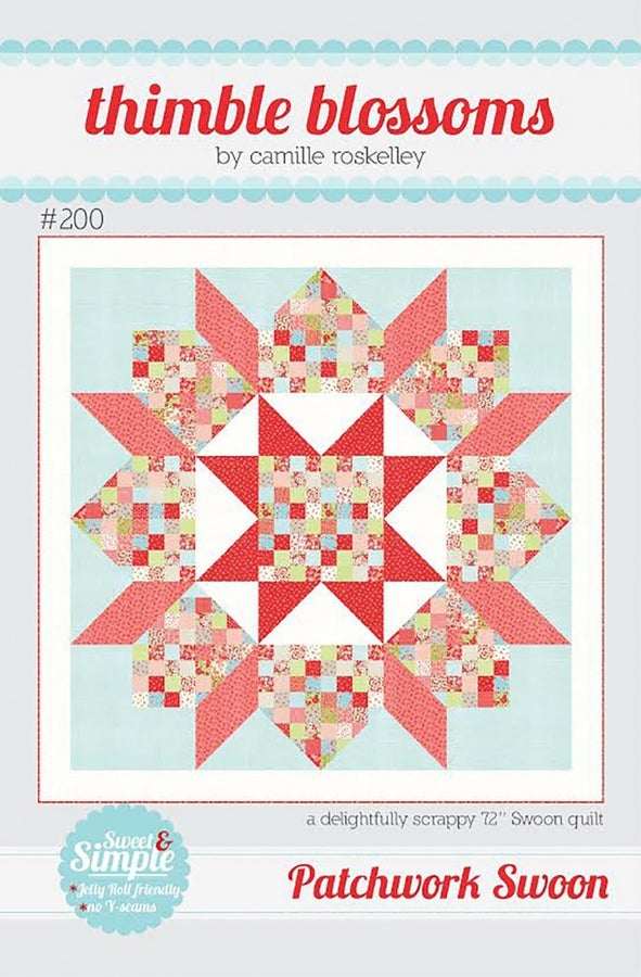 Patchwork Swoon quilt pattern by Thimbleblossoms featuring large patchwork block design in 72x72 inches size
