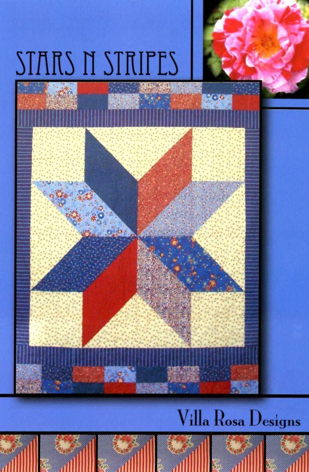 Stars N Stripes quilt pattern card by Villa Rosa Designs with patriotic star design and floral borders