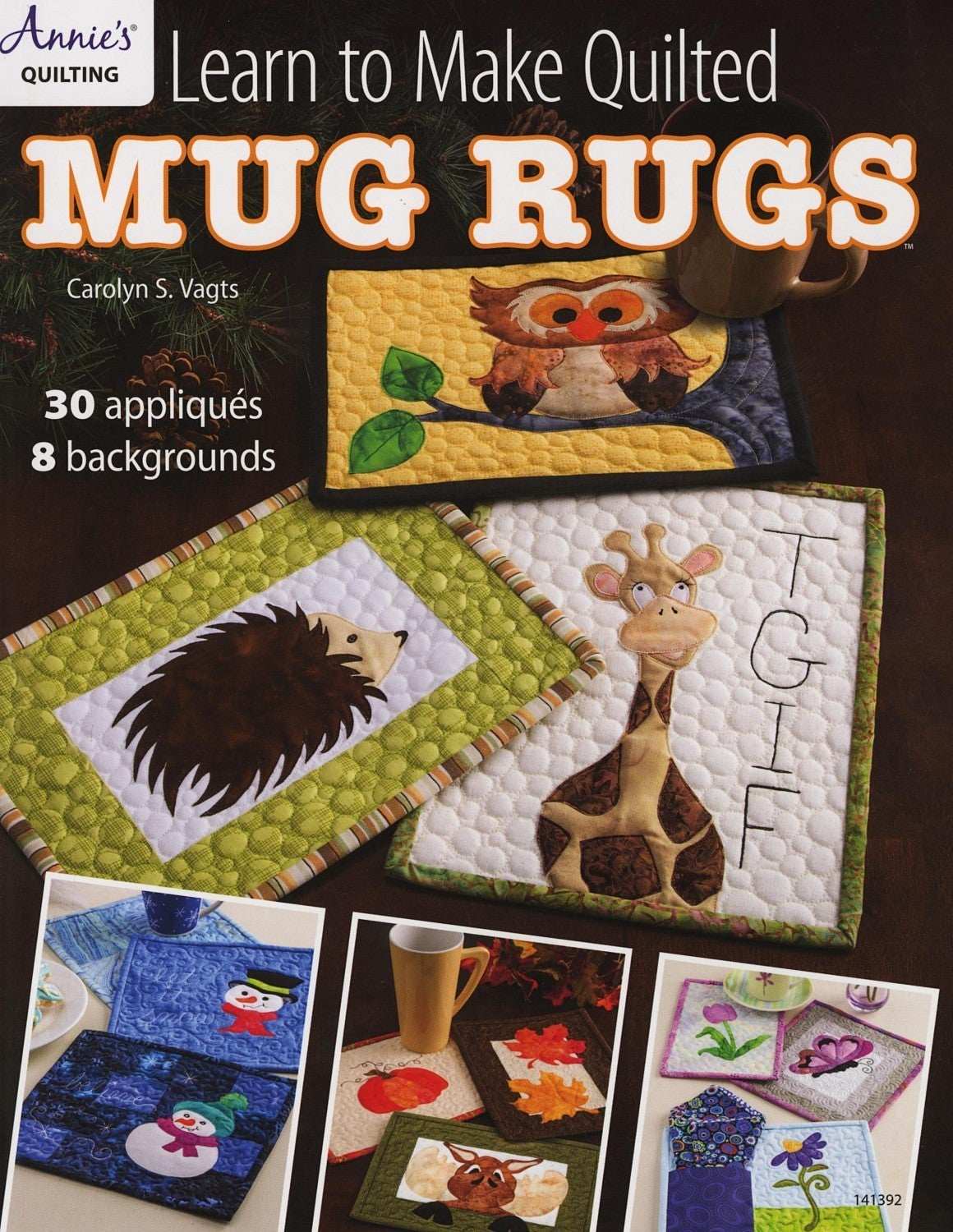 Learn to Make Quilted Mug Rugs book cover featuring animal applique mug rugs and crafting supplies