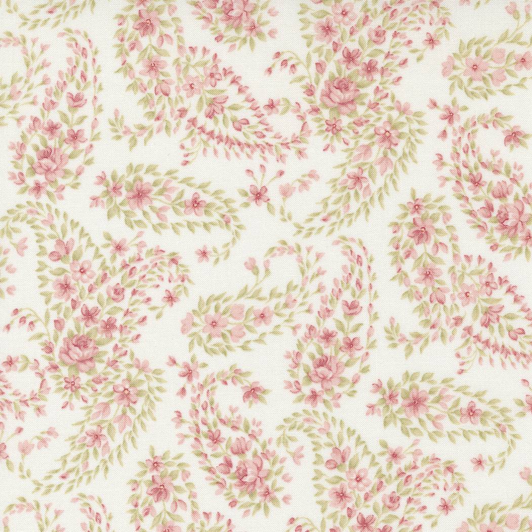 Bliss by 3 Sisters fabric with pink floral and green leaf pattern on cream background