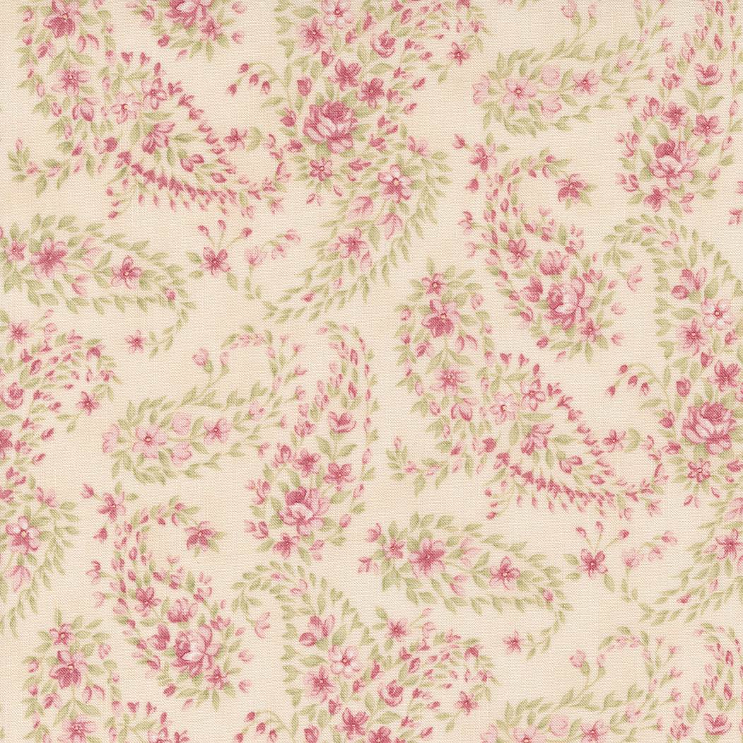 Bliss by 3 Sisters fabric with elegant pink and green floral design on cream background