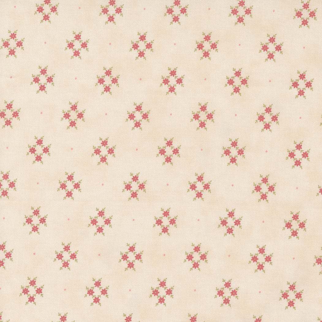 Bliss by 3 Sisters fabric with small pink floral pattern on cream background
