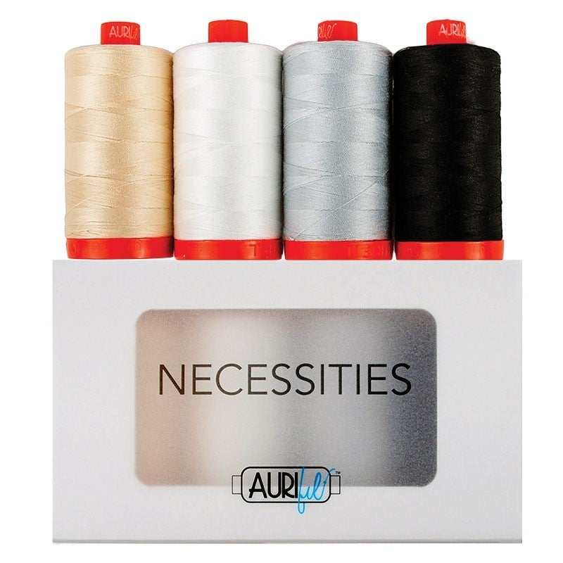 Aurifil Necessities Thread Assortment with four cotton thread spools in Light Sand, Natural White, Dove, and Black colors