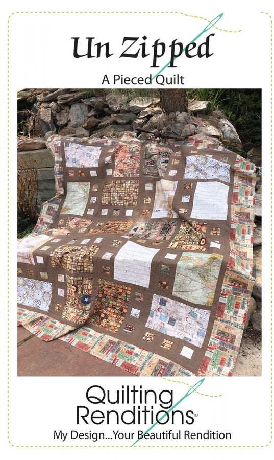 Un Zipped Quilt Pattern featuring large pieced blocks in varied fabrics from baby to king size options