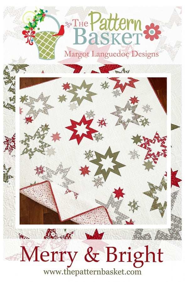 Merry & Bright Quilt Pattern featuring red and green star designs on white background, pieced quilt for confident beginners.