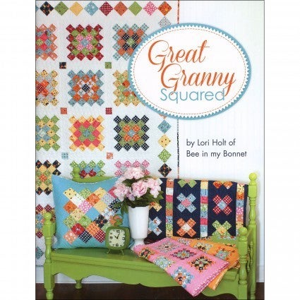 Great Granny Squared quilting projects featuring colorful patchwork quilts, pillows, and home decor by Lori Holt
