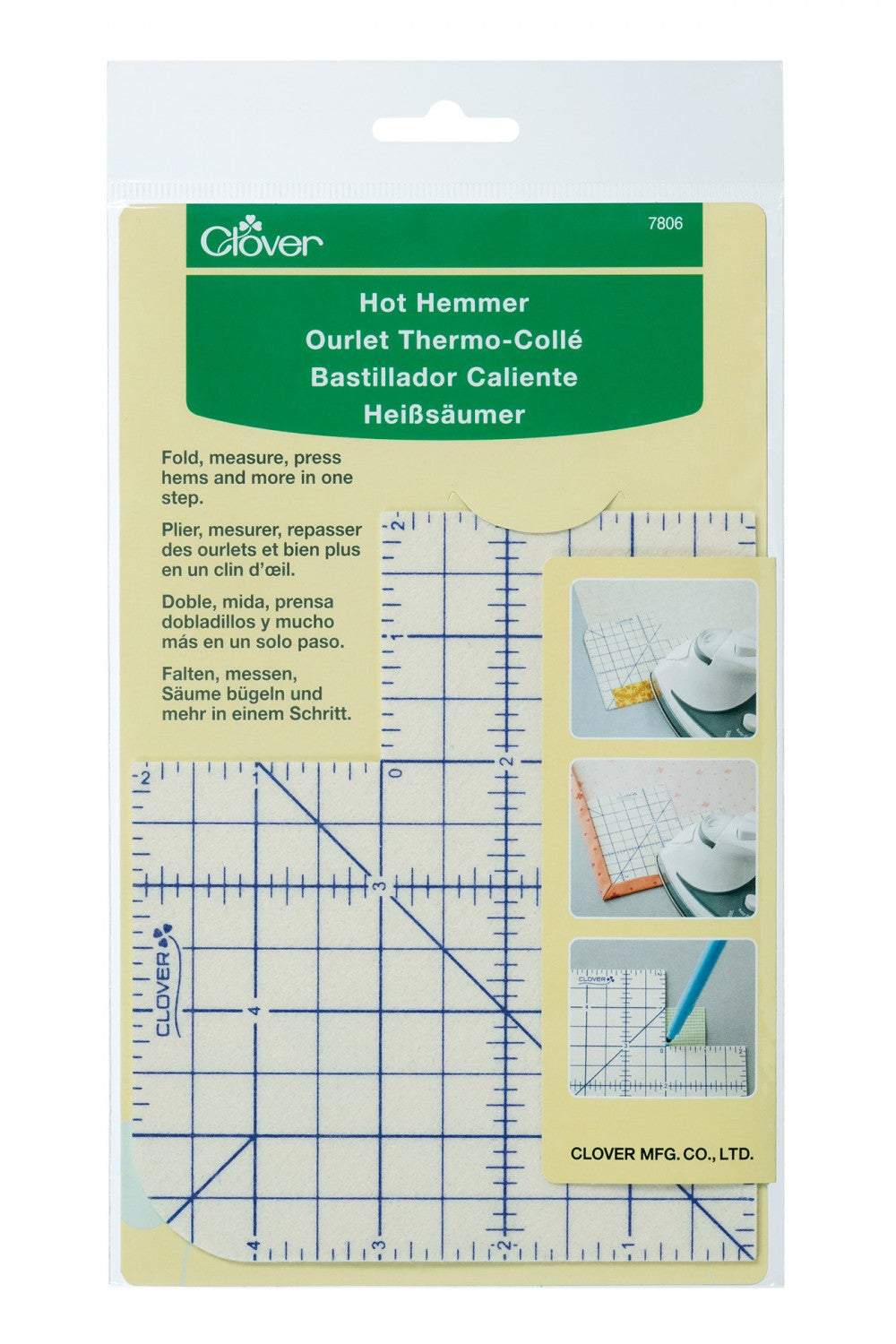 Hot Hemmer Pressing Tool by Clover for measuring, marking, and pressing hems with heat-resistant, non-slip ruler