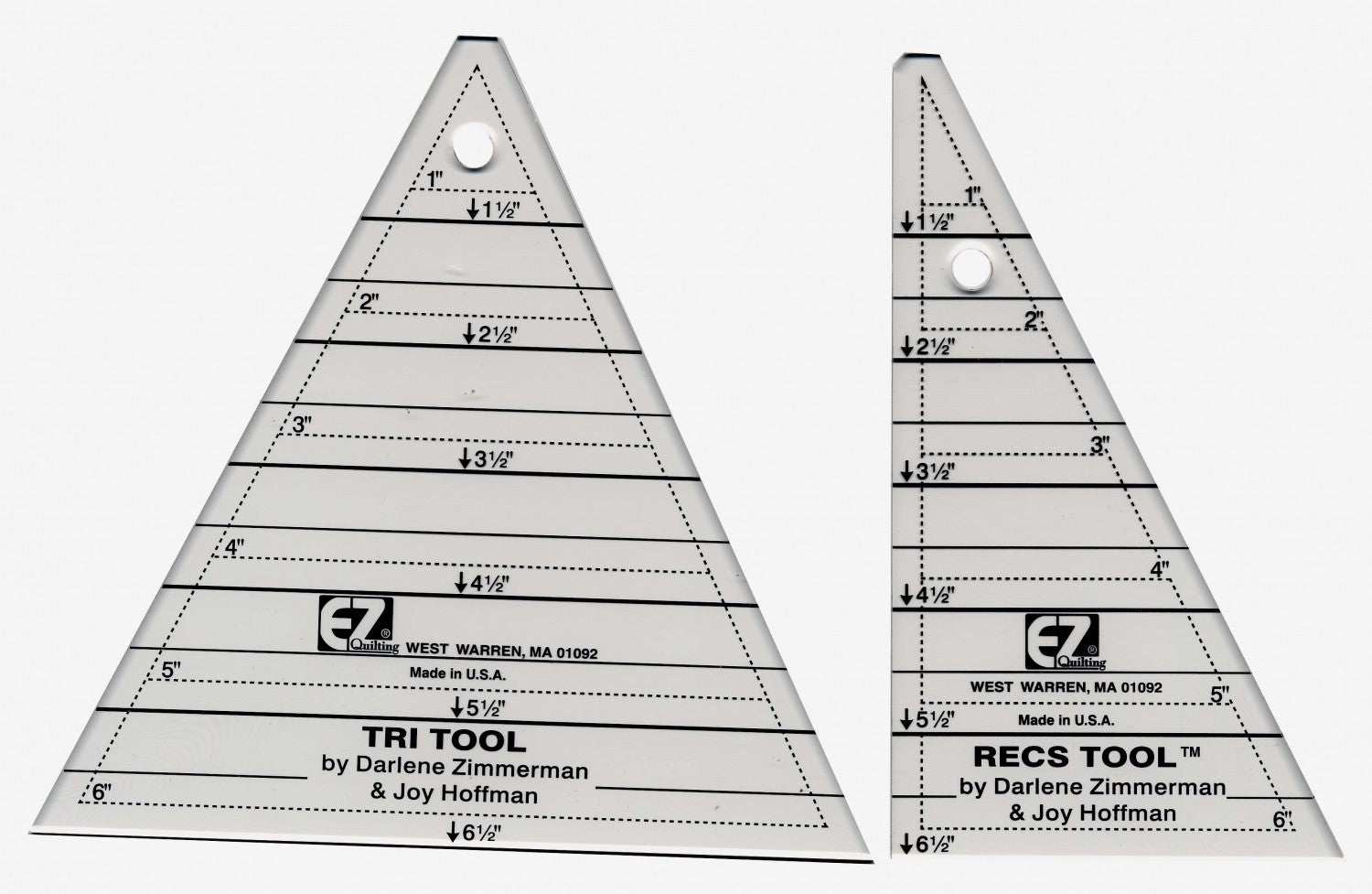 Tri-Recs Triangle Ruler set with two acrylic triangle rulers for precise fabric cutting and sewing alignment.