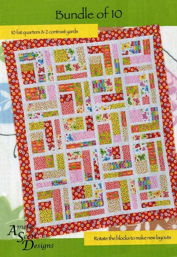 Bundle of 10 Quilt Pattern with colorful blocks and red floral border, fat-quarter friendly design by Amelie Scott Designs