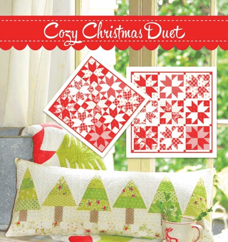 Cozy Christmas Duet Kit with pillow and table topper featuring red and white quilt patterns and green Christmas tree designs