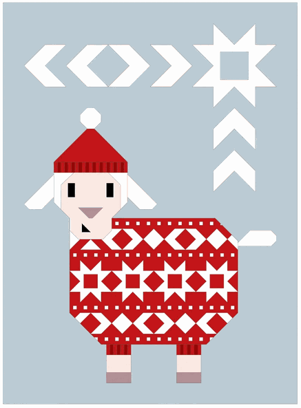 Knitted For Ewe Quilt Kit featuring a sheep wearing a red sweater and hat quilt block design