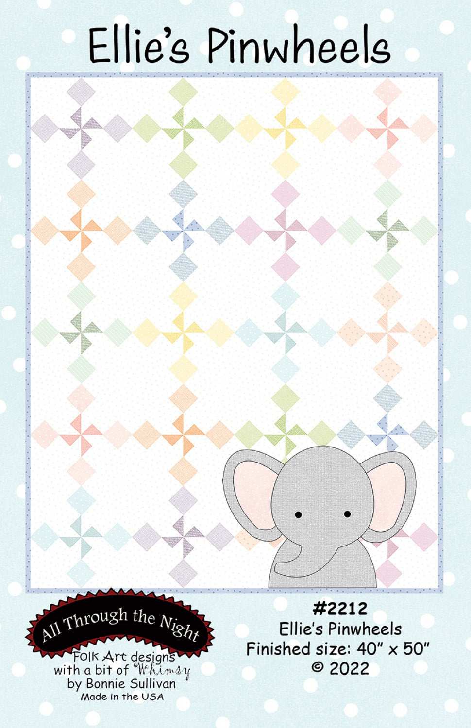 Ellie's Pinwheels nursery quilt pattern with pastel pinwheel design and elephant illustration