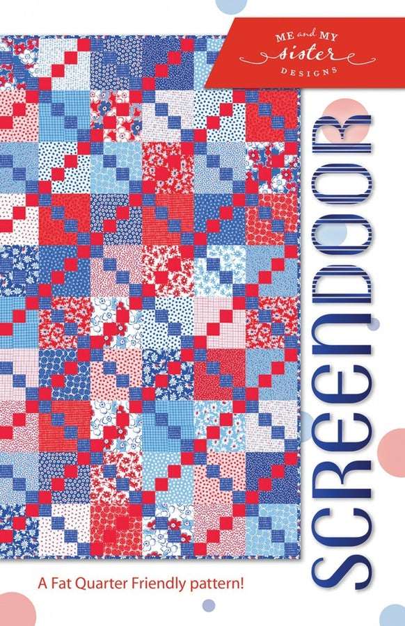 Screendoor Quilt Pattern by Me and My Sister Designs in red, blue, and white with fat-quarter friendly layout